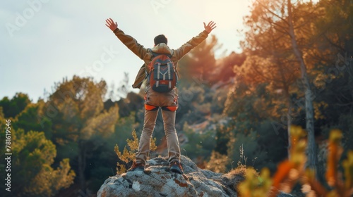 Happy man with arms up jumping on the top of the mountain  photo