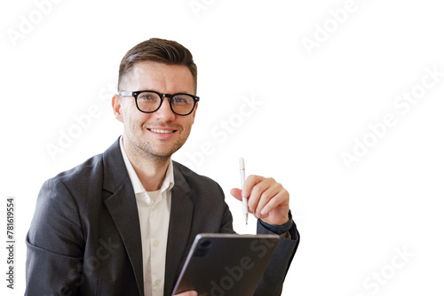 A businessman man with glasses uses a tablet computer employee in the office. Isolated background. © muse studio