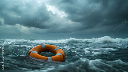 Lifebuoy Floating on sea in storm , cinematic composition, seascapes, cloudy sky, Submissive buoyancy, rescue equipment , beacon of hope and safety in vast expanse, ocean