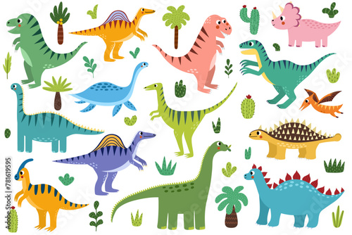 Cute dinosaurs in cartoon style collection for kids. Set with funny dinos isolated on white background. Diplodocus, tyrannosaurus rex, velociraptor and other. Vector illustration