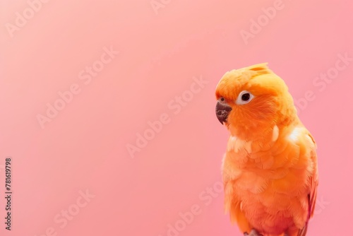 A vibrant orange parrot with a curious expression standing against a soft pink backdrop. Orange Parrot on a Pink Background © Оксана Олейник