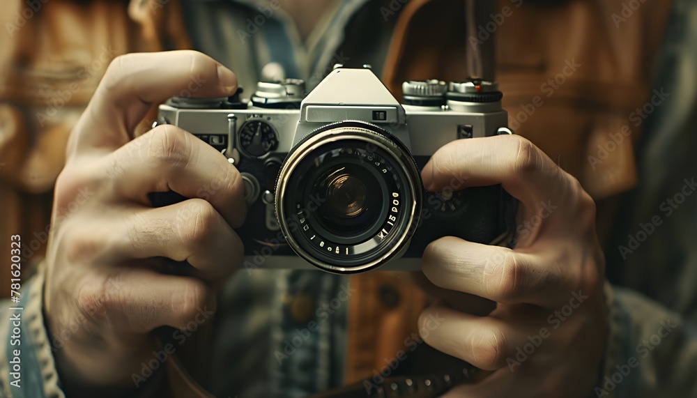 Close-up of a man's hands about to take a photo with his camera