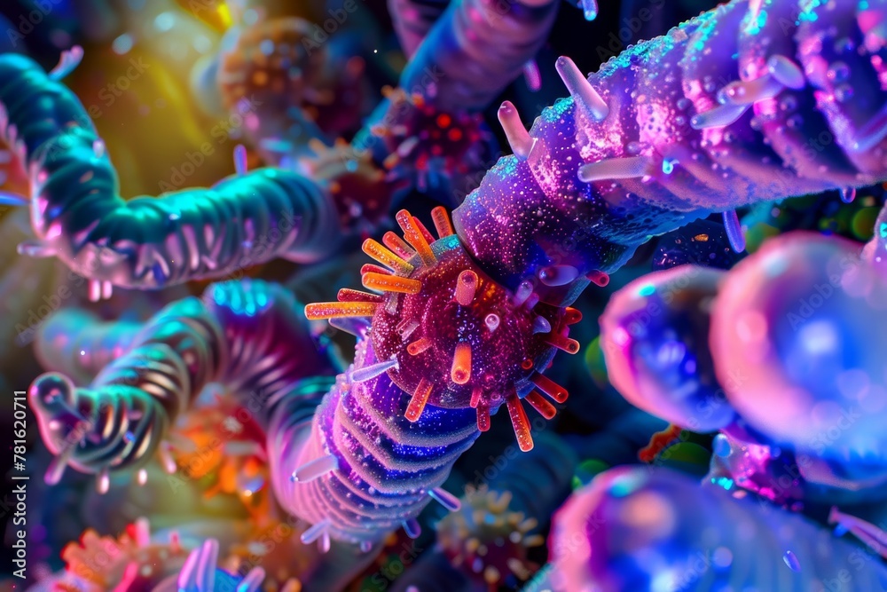 Colorful 3D illustration of microscopic bacteria and viruses in a ...