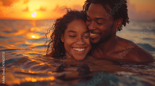 Black couple, travel and beach fun while laughing on sunset nature adventure and summer vacation or honeymoon with a piggy back ride. Comic, energy and black man and woman love on ocean holiday. © Matthew