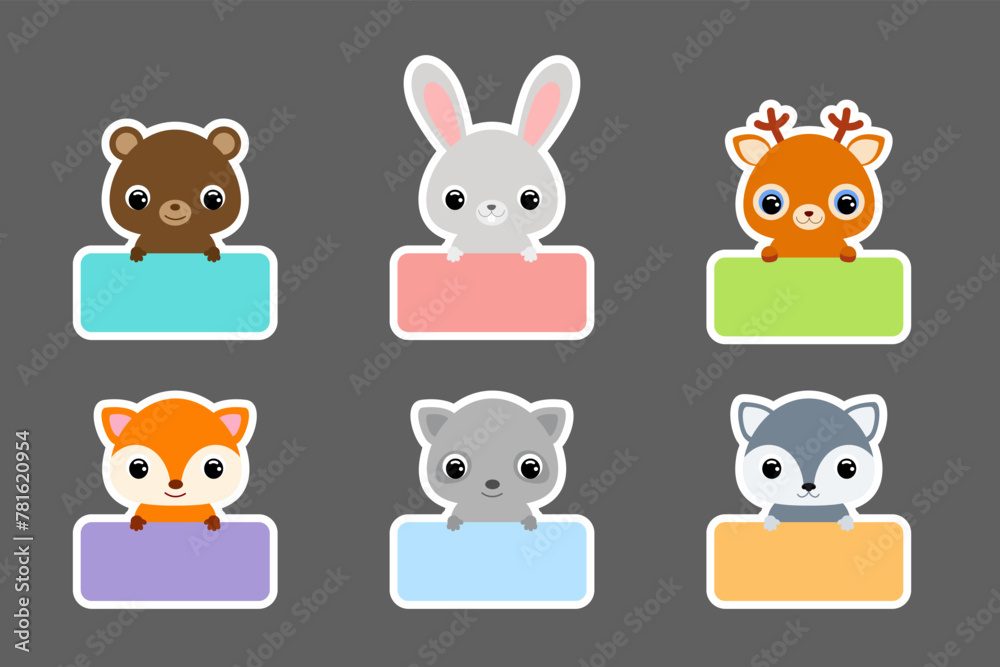 Sticky labels set for baby name. Cute cartoon animals shaped notepads, memo pad, colored school labels, scrapbooking, cards, baby shower, invitation. Vector stock illustration
