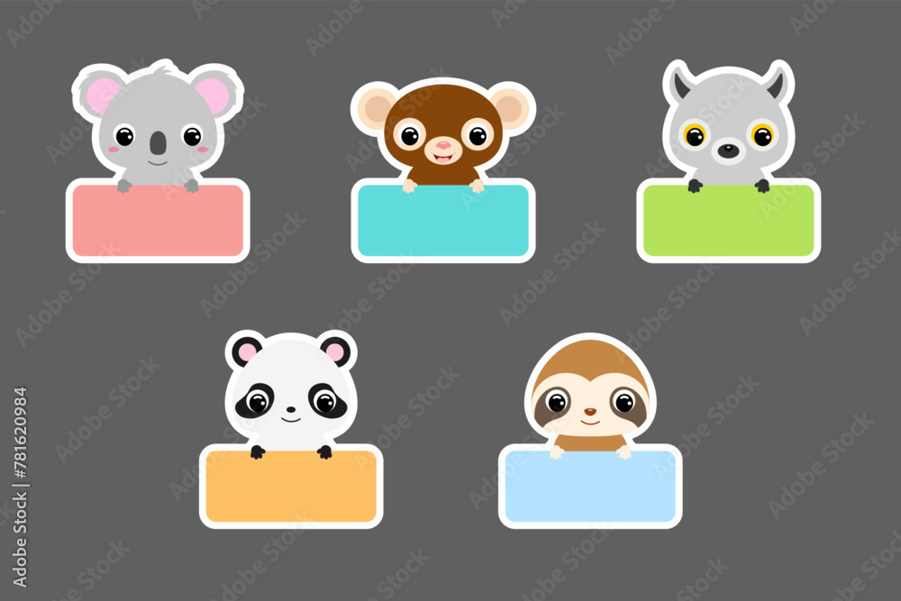 Naklejka premium Set of colored school labels for kids. Cute cartoon animals shaped notepads, memo pad, sticky tags, scrapbooking, cards, baby shower, invitation. Vector stock illustration