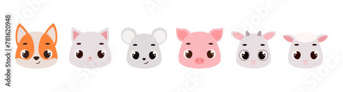 Cute funny animal heads. Domestic cartoon animal characters for baby print design, baby shower celebration, greeting and invitation card. Flat vector stock illustration