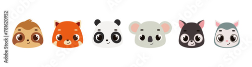 Cute funny animal heads. Wild cartoon animal characters for baby print design, baby shower celebration, greeting and invitation card. Flat vector stock illustration