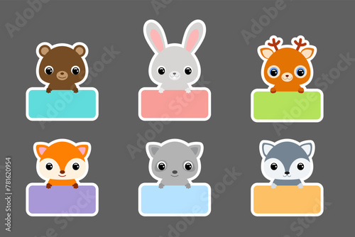 Fototapeta Naklejka Na Ścianę i Meble -  Sticky labels set for baby name. Cute cartoon animals shaped notepads, memo pad, colored school labels, scrapbooking, cards, baby shower, invitation. Vector stock illustration