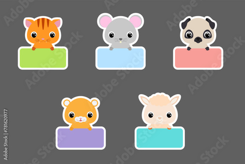 Colored school labels set for kids. Cute cartoon animals shaped notepads, memo pad, sticky tags, scrapbooking, cards, baby shower, invitation. Vector stock illustration