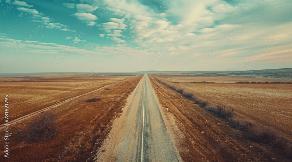 The vast land and the vast road,aerial view, drone photo view, degree offset method,