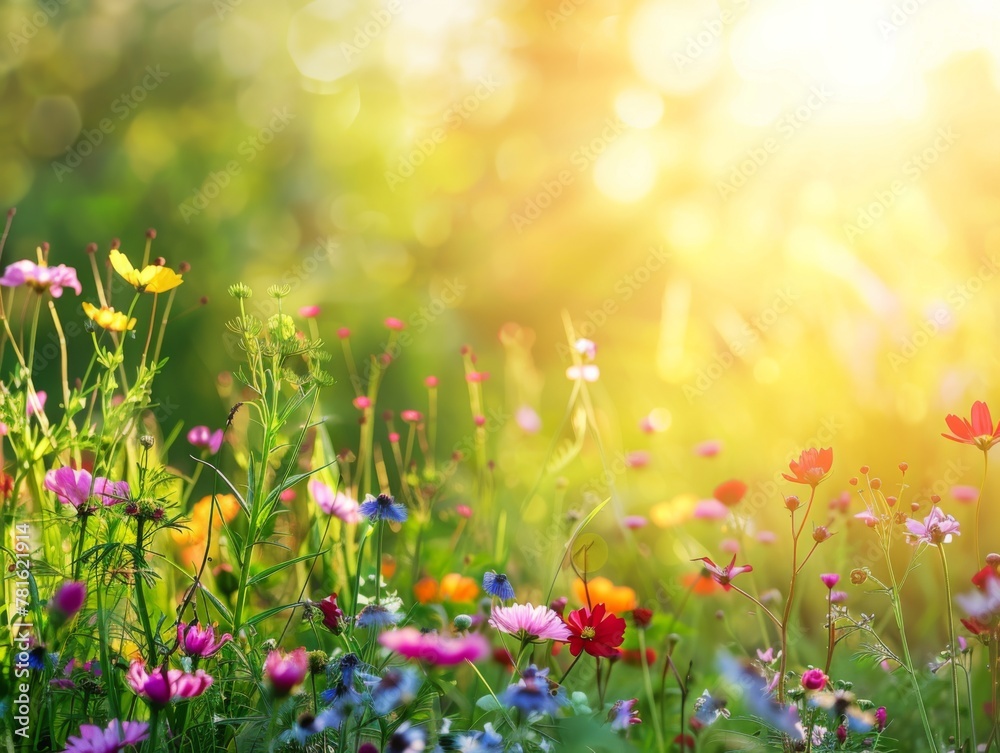 Summer backyard with vibrant wildflowers and warm sunlight with copy space