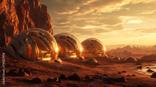 Space colony with dome-shaped habitats on Mars landscape during sunset, golden hues of setting sun illuminate domes, casting ethereal glow that contrasts with rocky terrain Mars colonization concept photo