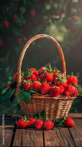 A bountiful wicker basket full of ripe strawberries sits on a wooden table with a soft light background.