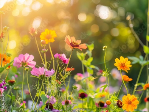 Summer backyard with vibrant wildflowers and warm sunlight with copy space