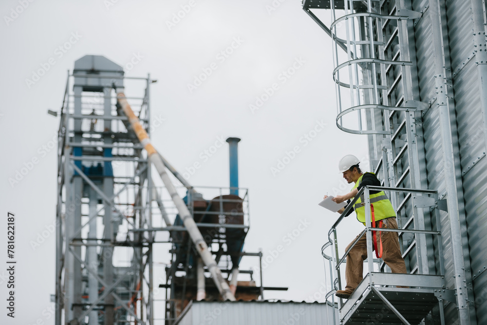 A male industrial worker stands on a grain silo with documents in his hands and makes a visual inspection.