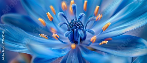 A macro shot of a striking blue flower with energetic pollen stems radiating beauty and vitality.
