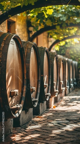 Row of oak wine barrels in a traditional winery courtyard with natural sunlight.