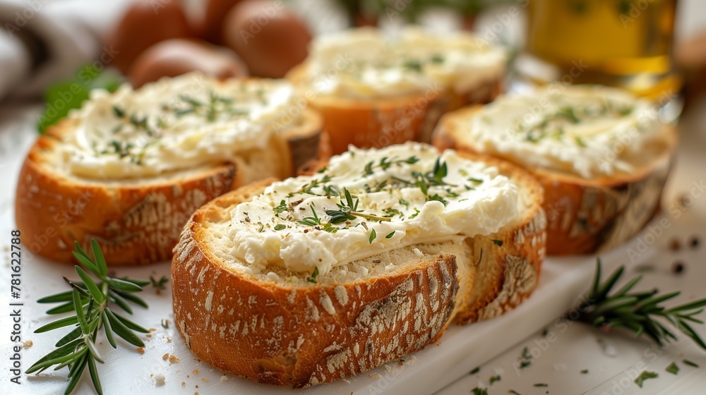 White bread with cream cheese and herbs on it with white background. Generated by artificial intelligence.