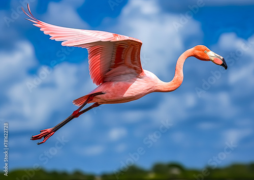 A pink flamingo is flying over a body of water. The bird is in the air and has its wings spread out. The scene is peaceful and serene, with the bird soaring above the water photo