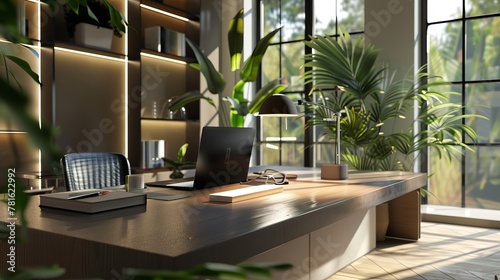 Modern Office Desk with Laptop in Sunlit Room