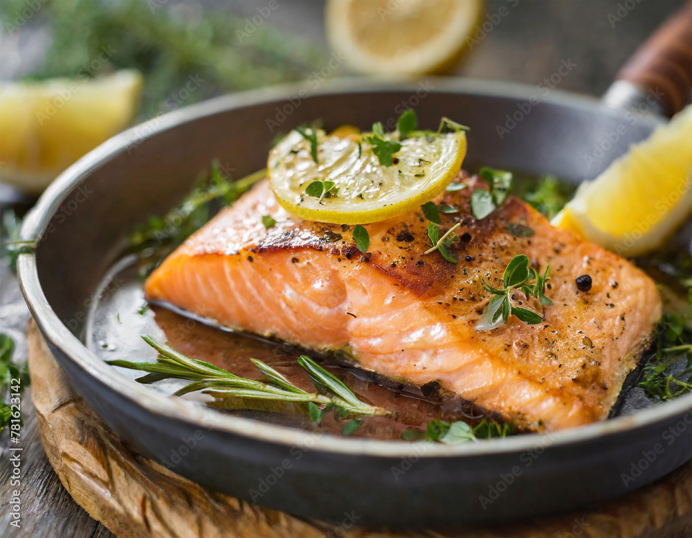 Pan seared salmon with herbs and lemon slices. Pan seared salmon with herbs and lemon slices.