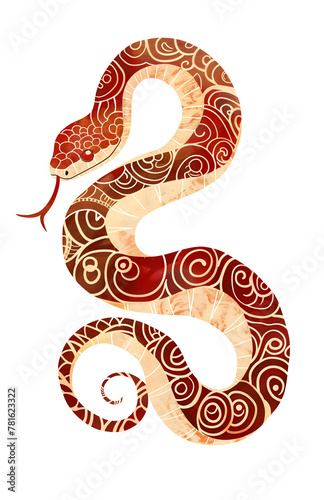 Snake with a whimsical patterned ornament skin scales. Chinese New Year 2025 Zodiac Snake. Isolated clip art design element