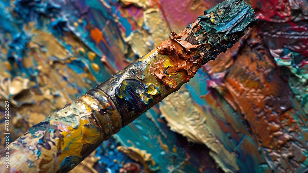 Extreme close-up of a paintbrush handle covered in layers of dried paint, showcasing the artist's dedication and passion.