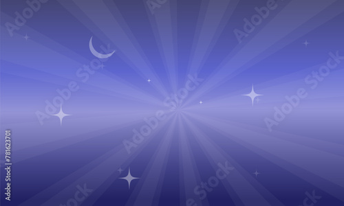 A serene summer night sky in shades of purple, with a crescent moon and twinkling stars emanating peaceful radiance