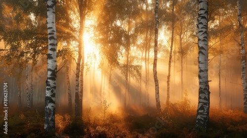 Birch grove in the mist, illuminated by the rays of the rising sun. AI generative. #781623704