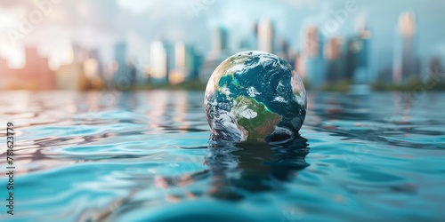 A Striking Depiction of a Globe Partially Under Water as a Cityscape Reflects the Reality of Rising Sea Levels, Generative AI