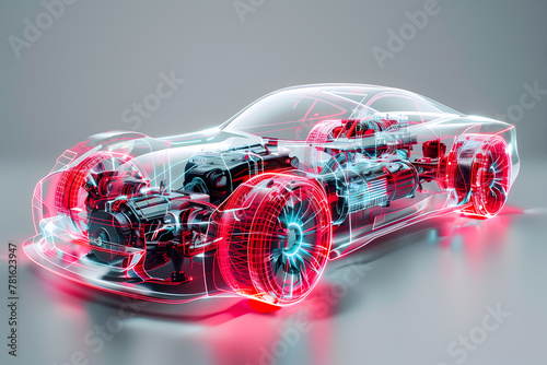 Transparent neon glass futuristic car the engine în light gray background, 3d render