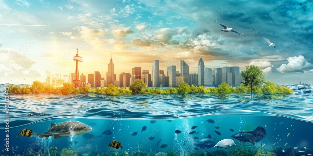 An Imaginative Fusion of Urban Skyline Above and a Bustling Marine Ecosystem Below the Water's Surface, Generative AI