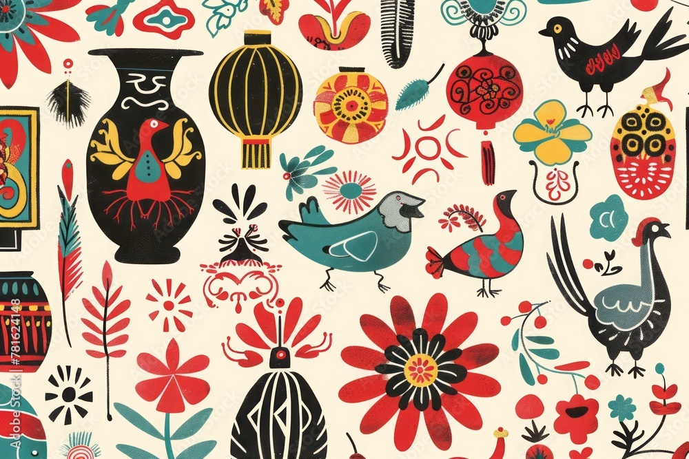 Traditional Graphics Cultural heritage in a hand-drawn background, with traditional motifs ...