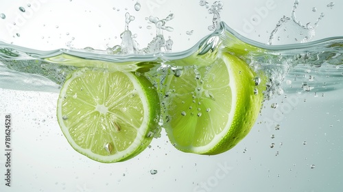 Green lemons halves colliding on the water. Water splash, white background, food photography. Generated by artificial intelligence.