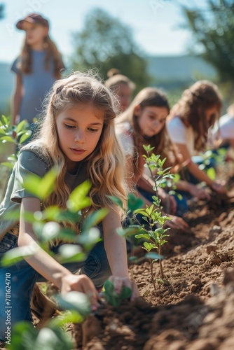 Girls planting trees during a reforestation activity with their school, concepts of biology and conservation