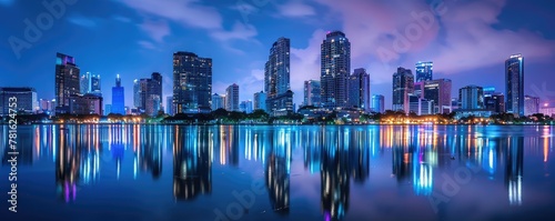 A night view od the cityscape many build with reflection in water.