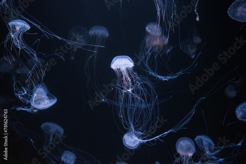 Atlantic sea nettle, Chrysaora quinquecirrha, East Cost sea nettle. Group of fluorescent jellyfish floating in illuminated aquarium. Theriology, biodiversity, undersea life, aquatic organism photo