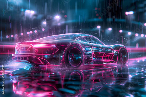 Transparent neon futuristic car în dark background, 3d render