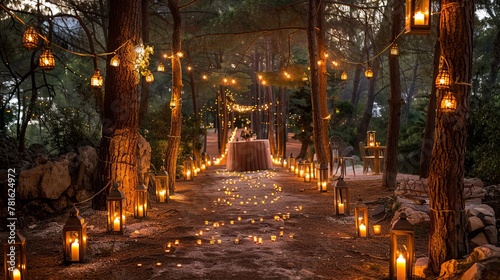 An enchanting wedding ceremony in the heart of a fragrant pine forest  illuminated by a warm glow of candles and twinkling lamps.