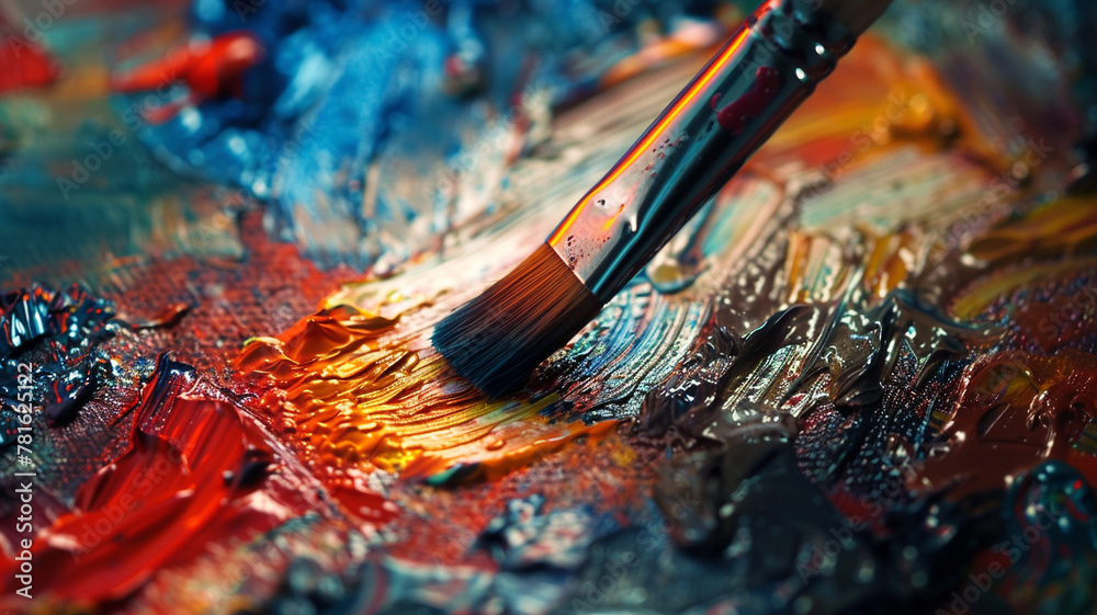 Macro shot of a paintbrush swirling in a palette of various colors, mixing pigments for a new creation.