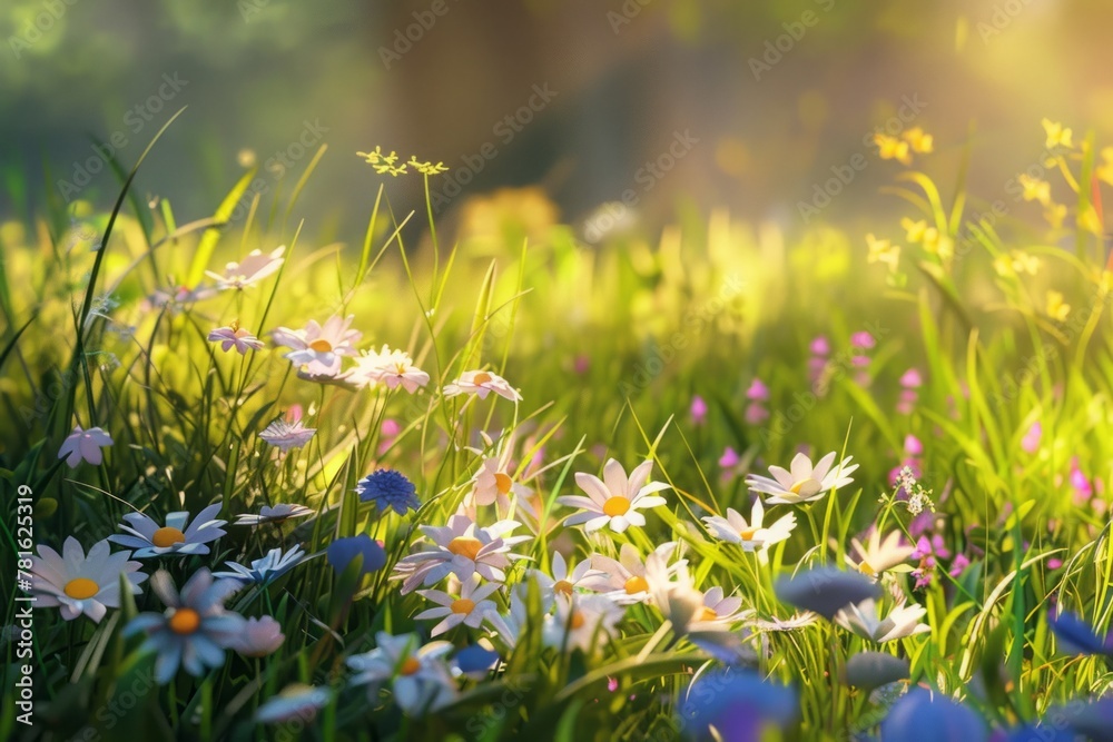 Fototapeta premium Harmonious interplay of elements in nature with a harmonious spring meadow composition, where flowers, grass, and sunlight blend seamlessly together. 