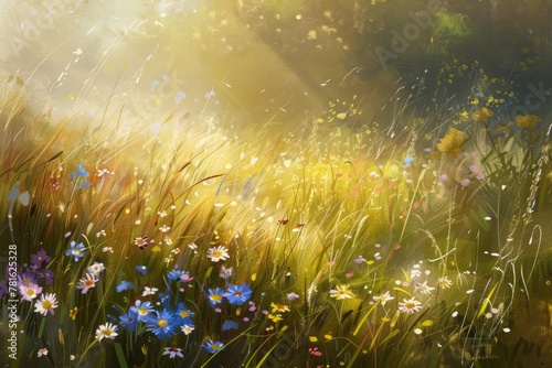 Harmonious interplay of elements in nature with a harmonious spring meadow composition, where flowers, grass, and sunlight blend seamlessly together. 