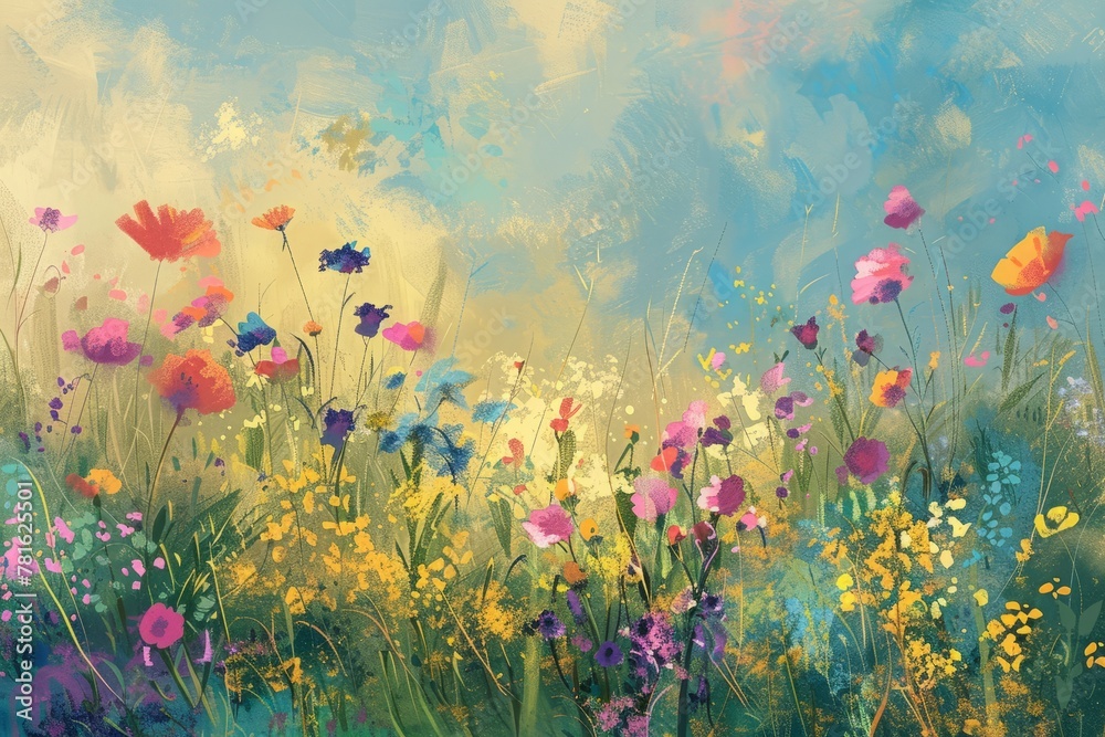 Obraz premium Diverse hues of spring with a meadow adorned in a vibrant palette of colors, from soft pastels to bold primaries, perfect for adding vibrancy to your designs. 