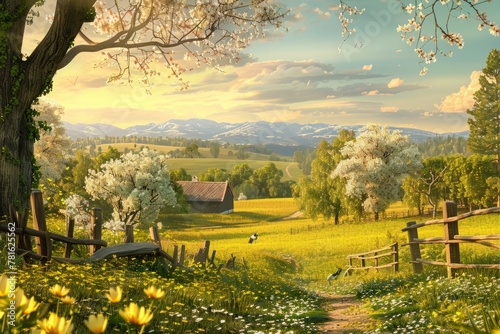 Idyllic countryside with a charming spring meadow backdrop, evoking feelings of nostalgia and rural charm.