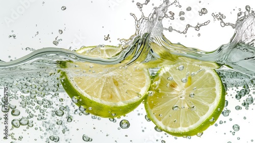 Green lemons halves colliding on the water. Water splash, white background, food photography. Generated by artificial intelligence.