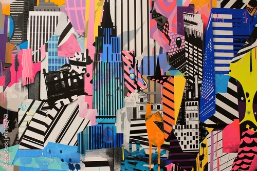 Trendy paper collage composition that captures the essence of urban life with bold colors, graffiti-inspired motifs, and iconic city landmarks.