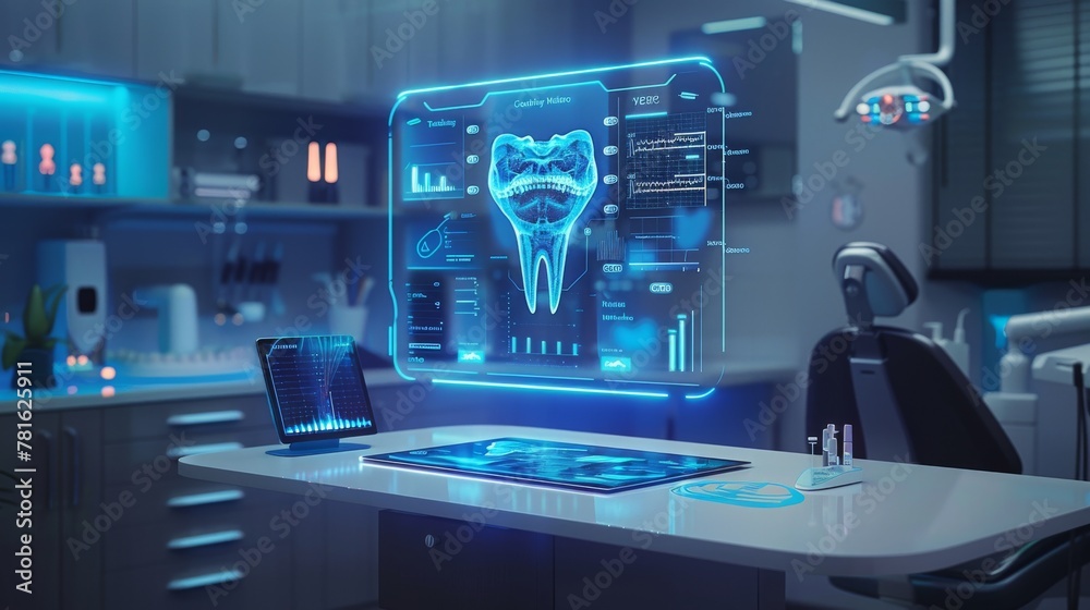 Futuristic dental clinic with interactive 3D tooth infographic and modern equipment - obrazy, fototapety, plakaty 