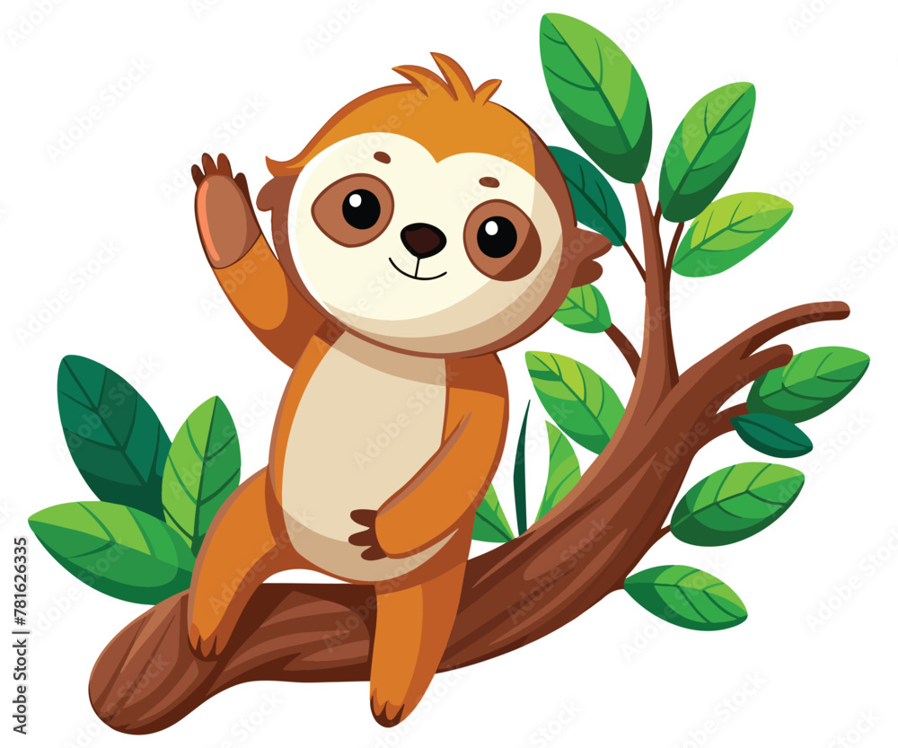 Naklejka premium Funny cartoon style sloth sitting on a tree branch with cute face vector illustration clip art isolated in white, tree branch, template, lazy, doodle, cartoon, nature, wildlife, wild,