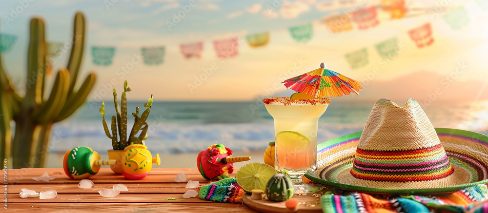 Cinco de Mayo,Mexican colorful summer fiesta party,sombrero hat,maracas margarita cocktail,table colorful Mexican decorations. With the exotic beach "Cinco de Mayo" as a backdrop,mexican banner. - obrazy, fototapety, plakaty 
